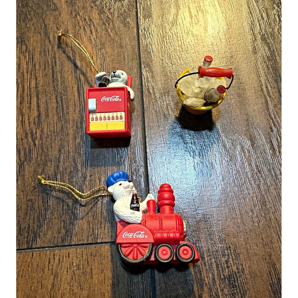 Vtg Coca-Cola 3pc Christmas Ornament Lot Polar Bear Train Vending Machine Bucket